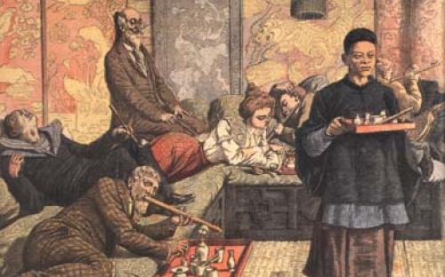 European gentlemen and ladies maintain their composure in the opium den.